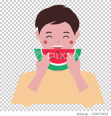 スイカをかじる男性。スイカを食べる。ベクターイラスト 129513432
