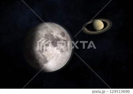 Saturn, Moon and nebula. 129513690