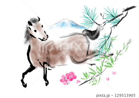 午の水彩画イラスト 和風年賀状 午の水彩画イラスト 和風年賀状 129513905