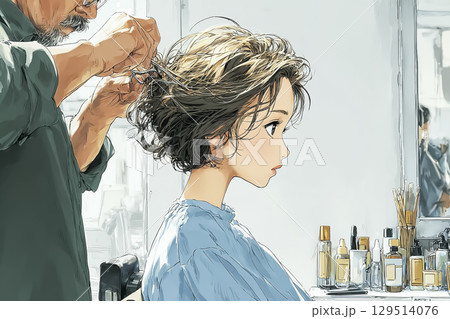美優シリーズ：プロの美容師による丁寧なヘアカットシーン — 落ち着いたサロンで髪を切る若い女性モデル 129514076