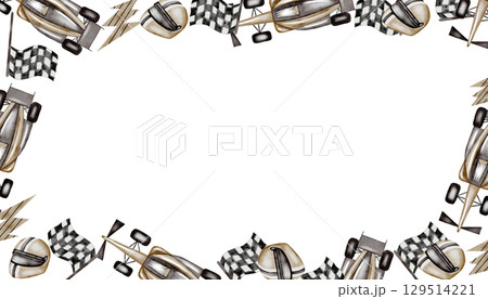 Racing watercolor frame. Cars and racing equipment helmet and flag in pastel colors on a white background. Ideal for postcards and invitations, baby shower design for boys 129514221