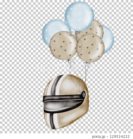 Racing helmet watercolor illustration. Motorcycle helmet in pastel colors with balloons on a white background. Ideal for children's textiles, stickers and baby shower design for boys Racing helmet watercolor illustration. Motorcycle helmet in pastel colors with balloons on a white background. Ideal for children's textiles, stickers and baby shower design for boys 129514222