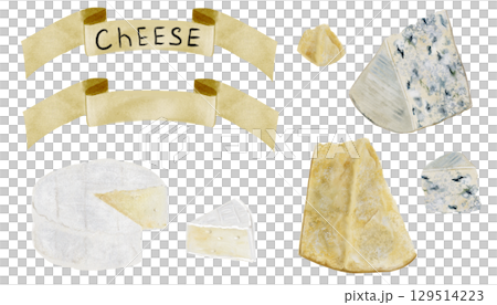 Cheese setwatercolor illustration. Hand drawn different kind of cheese, brie, dor blue, parmesan. Food clip art. Ideal for recipe book, signs and advertising posters of cheese shop 129514223