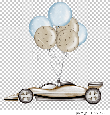 Race car watercolor illustration. Race car in pastel colors with balloons on a white background. Ideal for children's textiles, stickers and baby shower design for boys 129514228