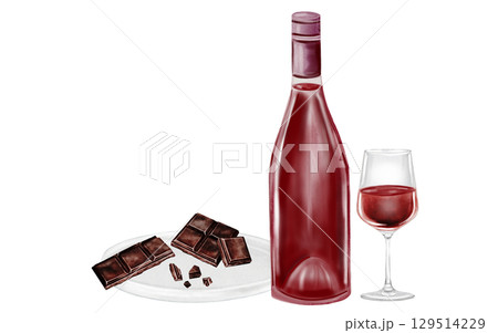 Red wine and chocolate watercolor. Hand drawn alcoholic drink. Clip art of drink. Ideal for advertising posters of bar and restaurant menu. 129514229