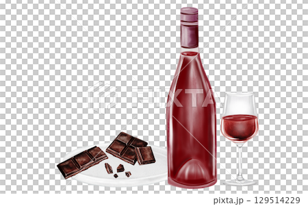 Red wine and chocolate watercolor. Hand drawn alcoholic drink. Clip art of drink. Ideal for advertising posters of bar and restaurant menu. 129514229