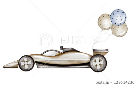 Race car watercolor illustration. Race car in pastel colors with balloons on a white background. Ideal for children's textiles, stickers and baby shower design for boys 129514236