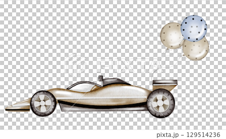 Race car watercolor illustration. Race car in pastel colors with balloons on a white background. Ideal for children's textiles, stickers and baby shower design for boys 129514236