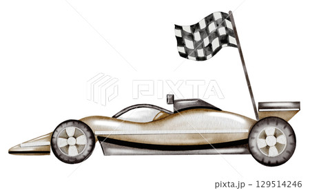Race car watercolor illustration. Race car in pastel colors with the finish flag on a white background. Ideal for children's textiles, stickers and baby shower design for boys 129514246