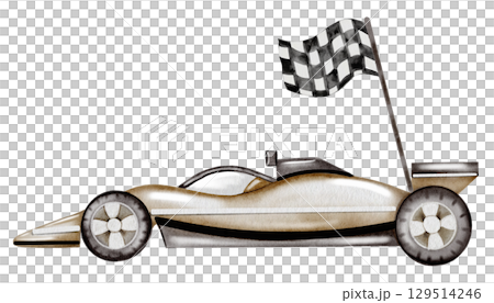 Race car watercolor illustration. Race car in pastel colors with the finish flag on a white background. Ideal for children's textiles, stickers and baby shower design for boys 129514246