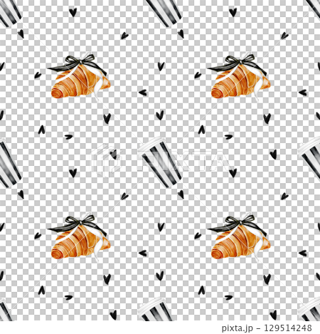 Coffee and croissant watercolor seamless pattern. Hand drawn fresh french bun with with hot cappuccino. Food clip art. Ideal for bakery prints, postcards and wrapping paper 129514248