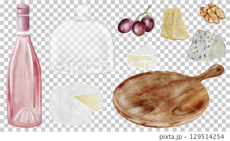 Watercolor clipart set with wine, grapes, cheese, walnut. Ideal for menu design, wine tasting invitations, packaging, branding, restaurant or picnic-themed projects. 129514254