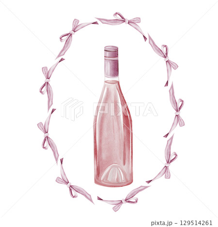 Wine bottle with a frame bow watercolor. Hand drawn pink alcoholic drink in glass bottle ribbon. Clip art of drink. Ideal for advertising posters of bar and restaurant menu. 129514261