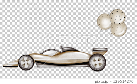 Race car watercolor illustration. Race car in pastel colors with balloons on a white background. Ideal for children's textiles, stickers and baby shower design for boys Race car watercolor illustration. Race car in pastel colors with balloons on a white background. Ideal for children's textiles, stickers and baby shower design for boys 129514270