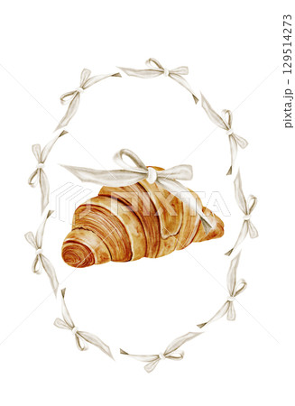 Croissant watercolor in a frame of bows illustration. Hand drawn fresh french bun with a bow. Food clip art. Ideal for bakery prints, postcards and pastry shop posters. Croissant watercolor in a frame of bows illustration. Hand drawn fresh french bun with a bow. Food clip art. Ideal for bakery prints, postcards and pastry shop posters. 129514273