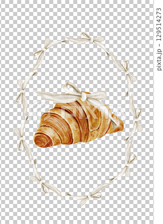 Croissant watercolor in a frame of bows illustration. Hand drawn fresh french bun with a bow. Food clip art. Ideal for bakery prints, postcards and pastry shop posters. Croissant watercolor in a frame of bows illustration. Hand drawn fresh french bun with a bow. Food clip art. Ideal for bakery prints, postcards and pastry shop posters. 129514273
