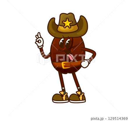 Cartoon groovy coffee bean cowboy or sheriff character, vector funny personage. Groovy coffee bean in Western cowboy hat as Wild West sheriff with star or ranger bandit character with Ok gesture 129514369