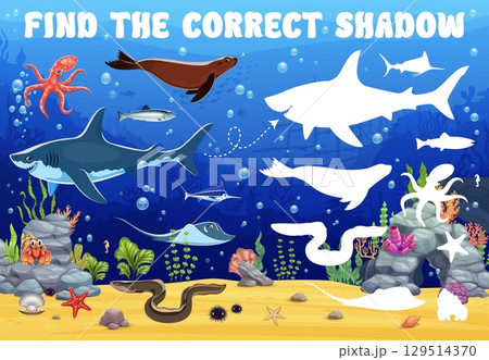 Kids game, find the correct shadow of sea animal. Vector matching activity for children, educational underwater puzzle with marine creatures shark, seal, octopus, eel, crab, fish and their silhouettes 129514370