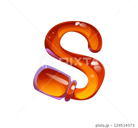 Honey font, glass jar letter S. Apiary farming kids ABC letter, honey bee farm cartoon vector English alphabet type symbol. Beekeeping agriculture typeset element or sweet honey harvest font sign 129514373