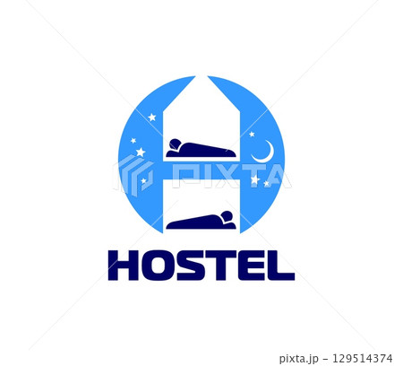 Hostel hotel icon, vector emblem with two sleeping people on bunk beds inside house shape. Night sky with stars and moon in blue circle background. Minimal label for accommodation or travel service 129514374