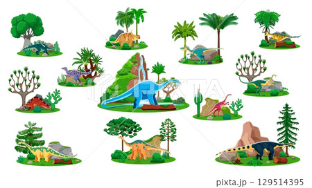 Cartoon dinosaur reptile characters with prehistoric jungle trees and mountain waterfall. Vector personages of jurassic cute melanorosaurus, neovenator, wuerhosaurus and anchisaurus dinosaurs Cartoon dinosaur reptile characters with prehistoric jungle trees and mountain waterfall. Vector personages of jurassic cute melanorosaurus, neovenator, wuerhosaurus and anchisaurus dinosaurs 129514395