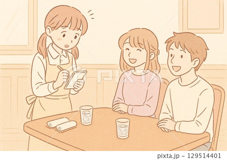 カフェでの注文を取るイラスト　Generative AI 129514401