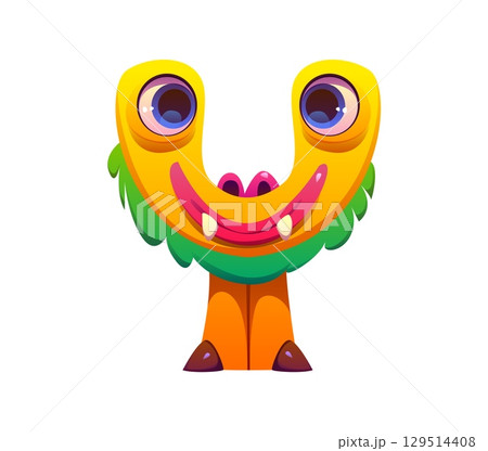 Crazy monster character cartoon font letter Y. Crazy horror creature kids ABC type sign, spooky fantasy scarecrow vector English alphabet element. Strange bugaboo, monster character font symbol 129514408