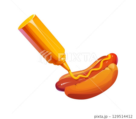 Cartoon vector hot dog with mustard being squeezed from yellow bottle, cooking process. Isolated vector classic fast food snack with sauce, tasty sausage in bun with glossy surface. Fastfood meal cook Cartoon vector hot dog with mustard being squeezed from yellow bottle, cooking process. Isolated vector classic fast food snack with sauce, tasty sausage in bun with glossy surface. Fastfood meal cook 129514412