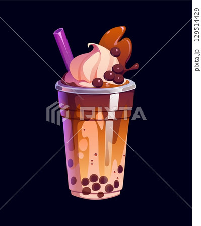Milk bubble tea with cream, sweet caramel splash and drinking straw in glass, cartoon vector. Milk bubble tea glass or sweet milkshake drink and beverage dessert with boba pearls with caramel toffee 129514429
