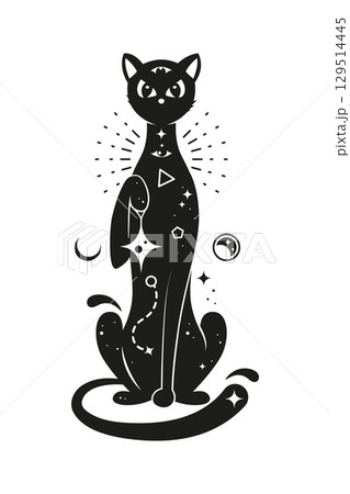 Black cat with magic mystic ornament for esoteric witch animal, vector Boho art icon. Black cat with astrology celestial symbols, occult and witchcraft signs for mystery or alchemy and esoteric animal 129514445