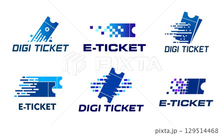 Digital e tickets icons, online coupons and mobile vouchers vector symbols with blue pixel distortion pattern. Movie or cinema theater pass, plane, bus or train detachable digital electronic e tickets Digital e tickets icons, online coupons and mobile vouchers vector symbols with blue pixel distortion pattern. Movie or cinema theater pass, plane, bus or train detachable digital electronic e tickets 129514468