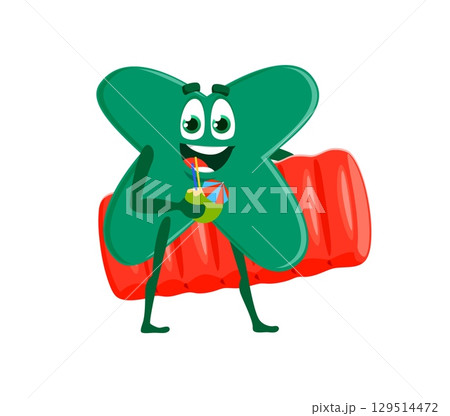 Cartoon math character of multiplication sign on summer vacations, vector personage. Funny mathematic multiplication equation sign with swimming pool mattress at sea or ocean beach with happy smile Cartoon math character of multiplication sign on summer vacations, vector personage. Funny mathematic multiplication equation sign with swimming pool mattress at sea or ocean beach with happy smile 129514472