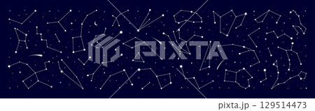 Star constellation border with night sky map in background, vector zodiac signs. Stars constellation border with galaxy starry sky for mystic astrology, esoteric magic and horoscope or space astronomy Star constellation border with night sky map in background, vector zodiac signs. Stars constellation border with galaxy starry sky for mystic astrology, esoteric magic and horoscope or space astronomy 129514473