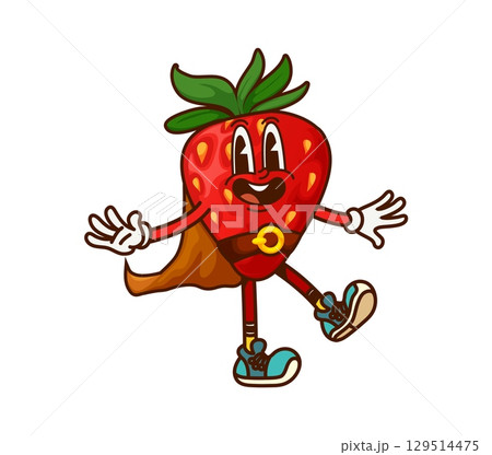 Groovy strawberry berry pirate and corsair character wears a flowing cape, retro sneakers, and waves confidently, symbolizing swashbuckler strength, positivity with a playful and dynamic y2k sea vibe 129514475