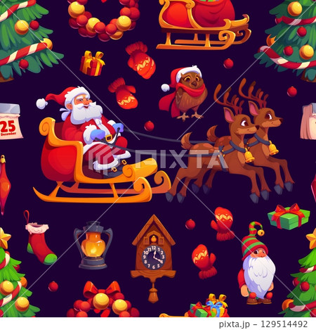 Cartoon Christmas holiday characters seamless pattern. Xmas vector background of Santa and elf cartoon characters with Christmas tree, gift bag and present, Xmas deers, wreath and calendar pattern 129514492
