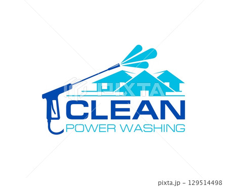House exterior power washing and cleaning icon. House building exterior water washing service vector icon or symbol. Building concrete cleaning company sign with power washer and house silhouette House exterior power washing and cleaning icon. House building exterior water washing service vector icon or symbol. Building concrete cleaning company sign with power washer and house silhouette 129514498