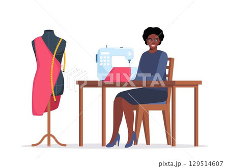 African female dressmaker or seamstress working on sewing machine. Smiling woman sewing sitting on table. Fashion designer at workplace. Woman using sewing machine. Tailor with a mannequin. Vector. 129514607