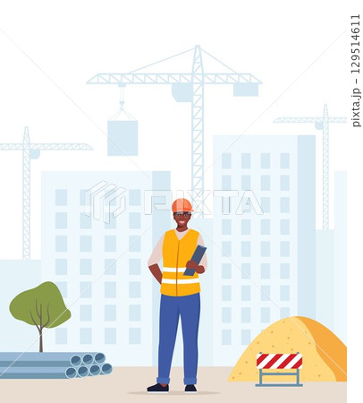 Construction worker, industrial technician builder over city construction site. Tower cranes building residential buildings. Black woman engineer in uniform and orange protective helmet. Vector. Construction worker, industrial technician builder over city construction site. Tower cranes building residential buildings. Black woman engineer in uniform and orange protective helmet. Vector. 129514611