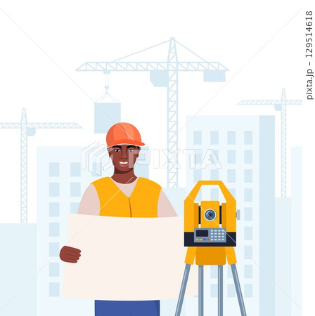 Surveyor Or Engineer Wearing Hard Hat and Safety Vest, Work with Surveying Tripod And Theodolite Equipment. Character Surveying Land, Construction Layout And Mapping Projects. Vector Illustration Surveyor Or Engineer Wearing Hard Hat and Safety Vest, Work with Surveying Tripod And Theodolite Equipment. Character Surveying Land, Construction Layout And Mapping Projects. Vector Illustration 129514618
