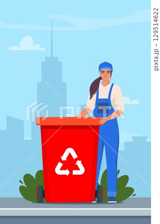 Garbage woman in uniform with trash bin and recycling symbol on it. Garbage sorting. Zero waste, environment protection concept. Vector illustration. 129514622