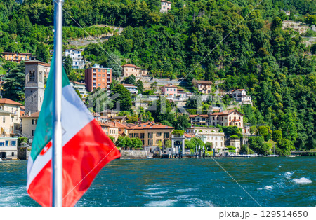 Italian Flag Waving on Lake Como Italy Italian Flag Waving on Lake Como Italy 129514650