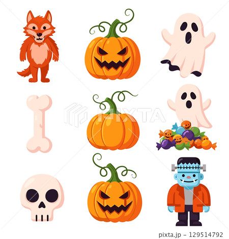 ハロウィーンのキャラクターセット(透過背景)ベクターイラストアイコン ハロウィーンのキャラクターセット(透過背景)ベクターイラストアイコン 129514792