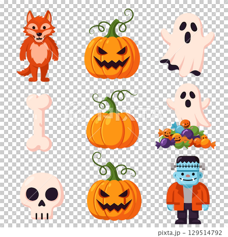 ハロウィーンのキャラクターセット(透過背景)ベクターイラストアイコン ハロウィーンのキャラクターセット(透過背景)ベクターイラストアイコン 129514792