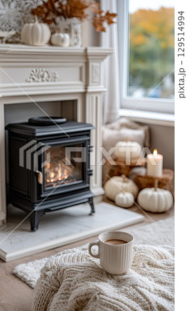 Hand holds a coffee cup near a white stone fireplace adorned with autumn leaves and pumpkins, creating a warm, inviting atmosphere 129514994