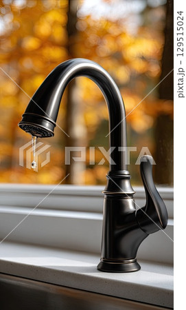 A minimalist kitchen showcases a sleek black faucet and white countertop, with autumn colors visible through the window 129515024