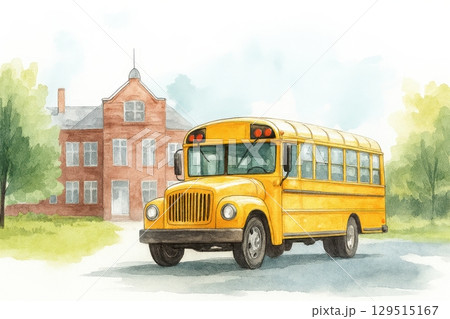Yellow school bus is parked in front of a brick school Yellow school bus is parked in front of a brick school 129515167