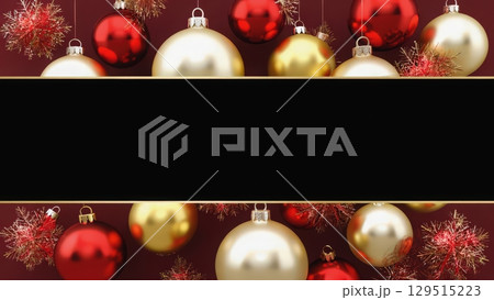 Black background with a variety of gold and red Christmas ornaments hanging from it. The ornaments are of different sizes and shapes, creating a festive and joyful atmosphere 129515223