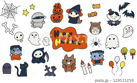 ハロウィンのかわいい手描き風イラスト ハロウィンのかわいい手描き風イラスト 129515259