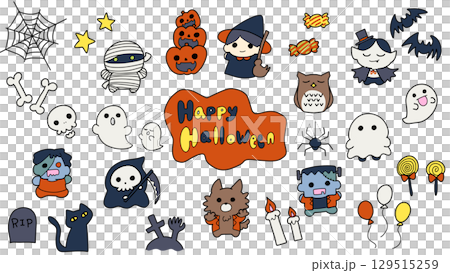 ハロウィンのかわいい手描き風イラスト ハロウィンのかわいい手描き風イラスト 129515259