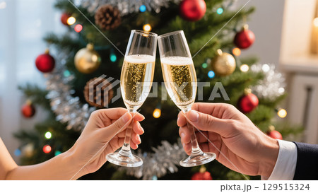 Christmas celebration with two people clinking champagne glasses in front of a decorated festive tree 129515324